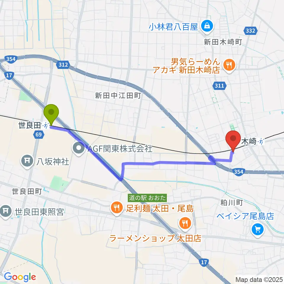 世良田駅からビート音楽教室へのルートマップ地図