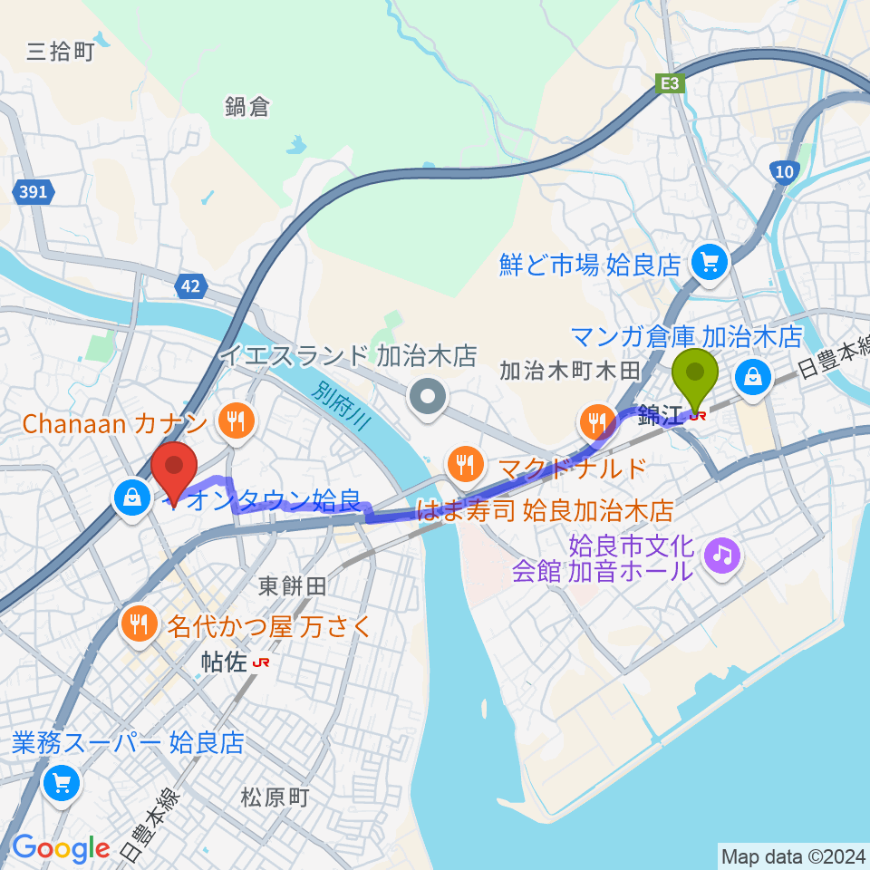 錦江駅からあいらびゅーFMへのルートマップ地図