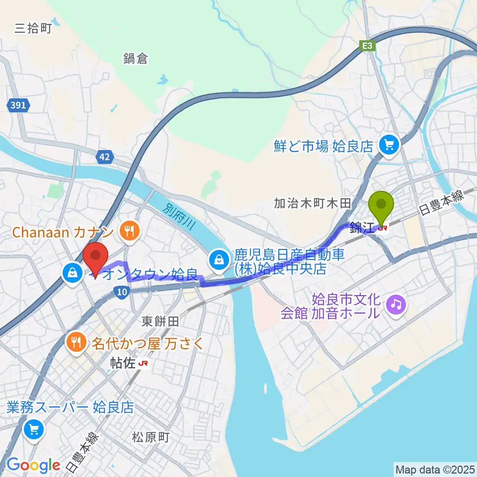 錦江駅からあいらびゅーFMへのルートマップ地図