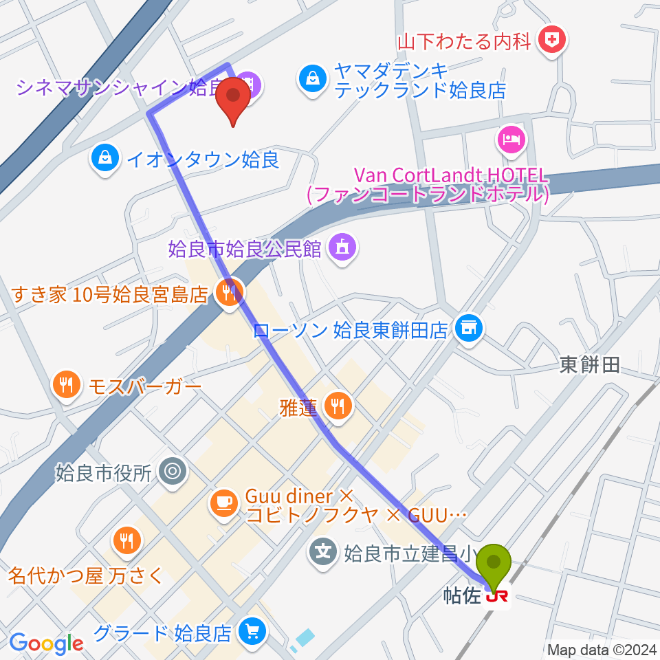 あいらびゅーFMの最寄駅帖佐駅からの徒歩ルート（約13分）地図