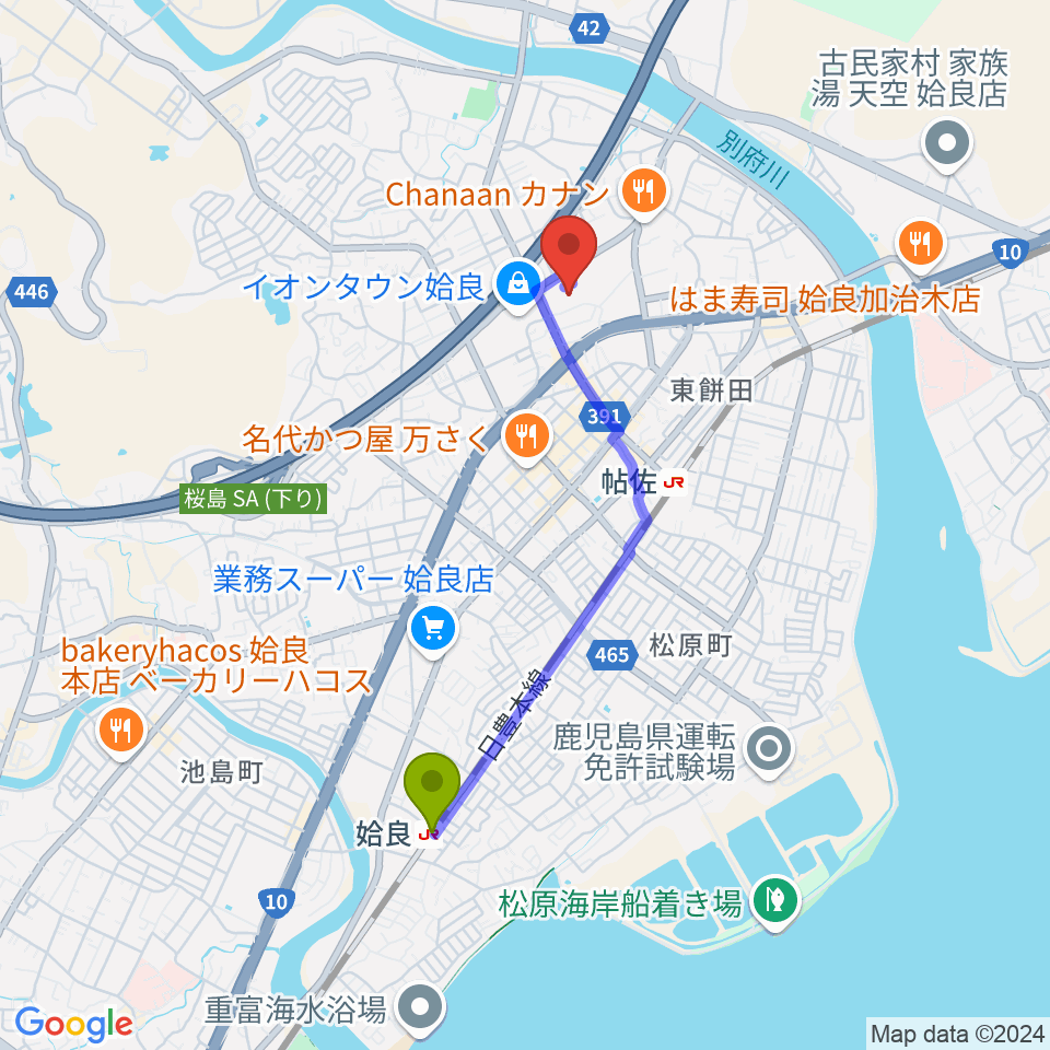 姶良駅からあいらびゅーFMへのルートマップ地図