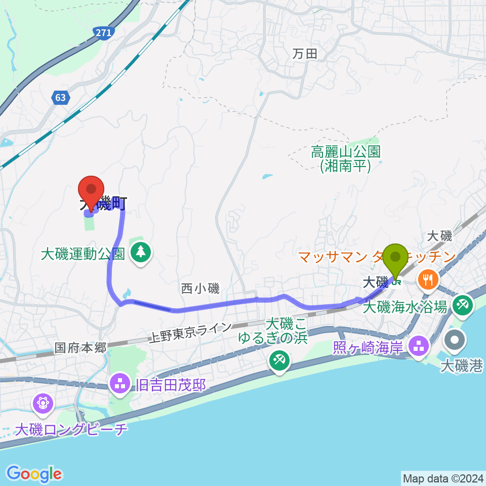 FM湘南マジックウェイブの最寄駅大磯駅からの徒歩ルート（約40分）地図