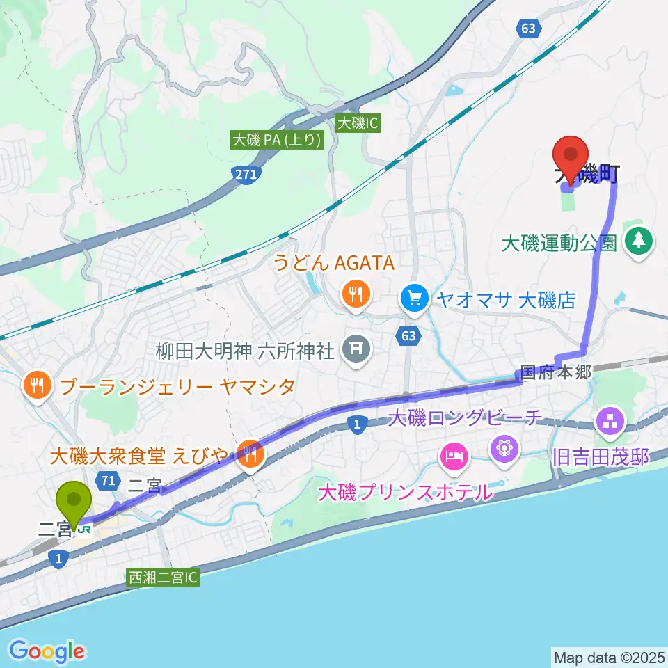 二宮駅からFM湘南マジックウェイブへのルートマップ地図