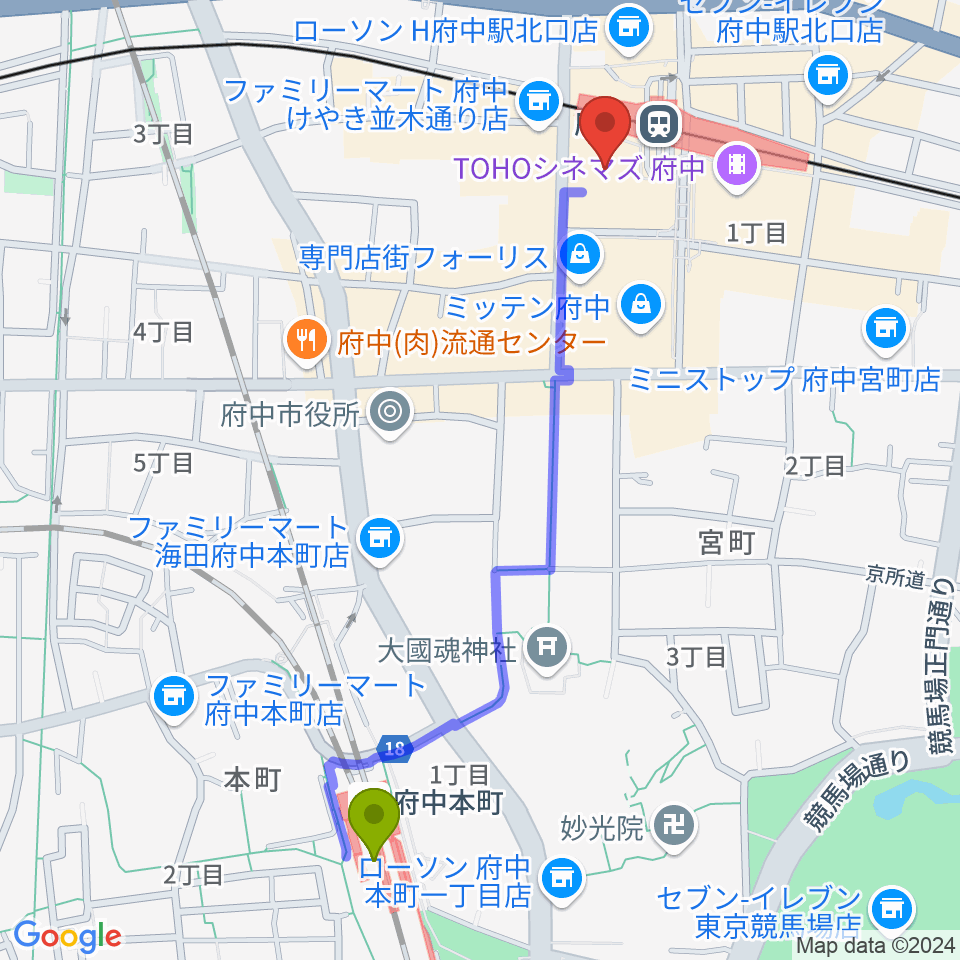 府中本町駅から宮地楽器 MUSIC JOY府中へのルートマップ地図