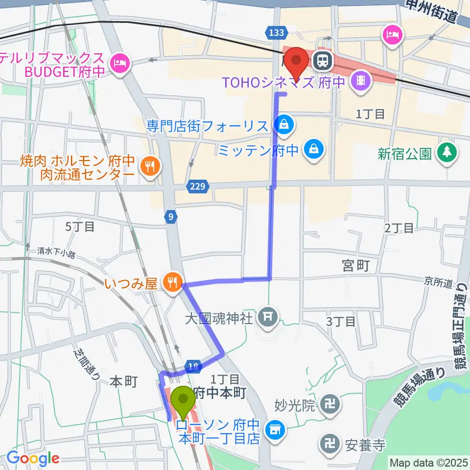 府中本町駅から宮地楽器 MUSIC JOY府中へのルートマップ地図