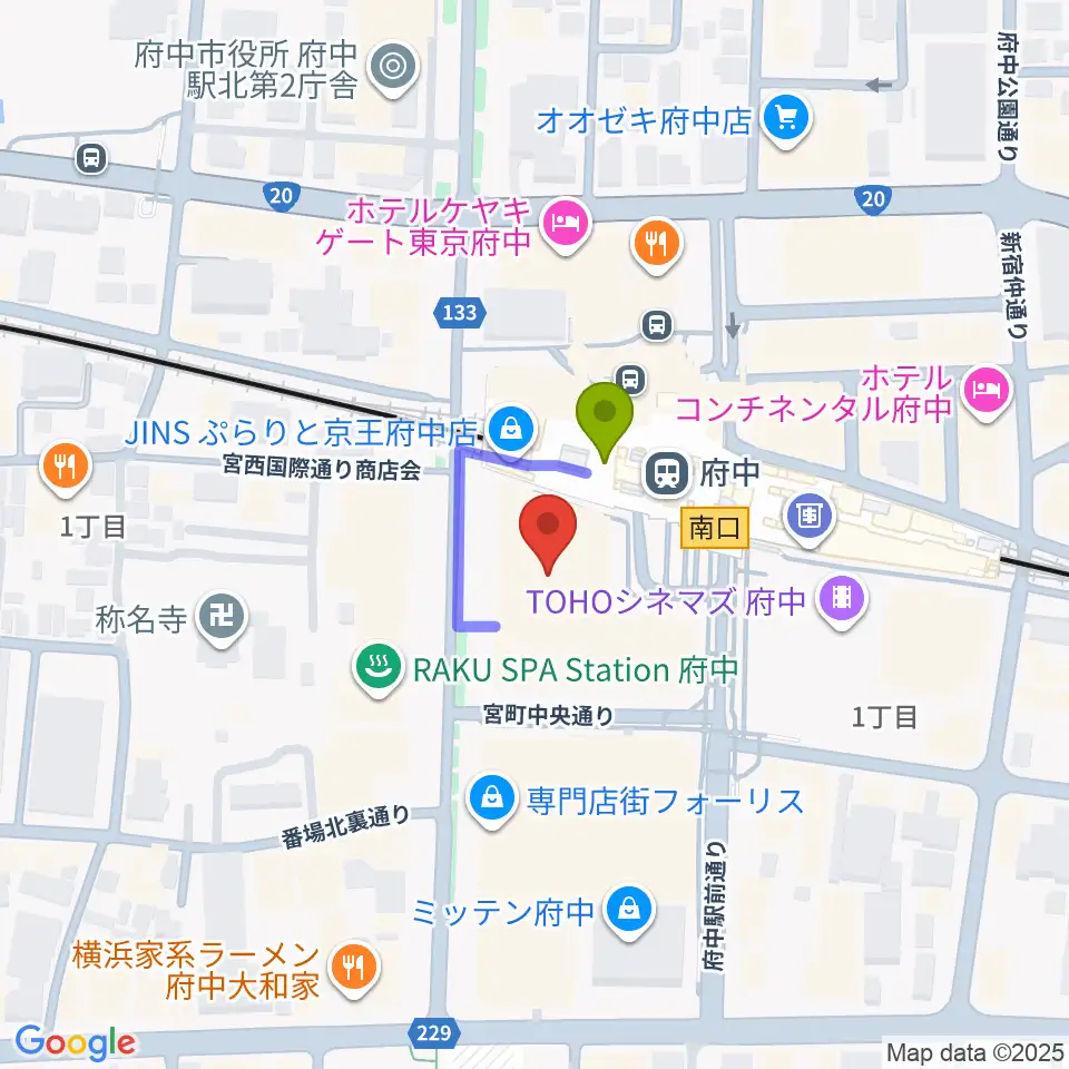 宮地楽器 MUSIC JOY府中の最寄駅府中駅からの徒歩ルート（約1分）地図