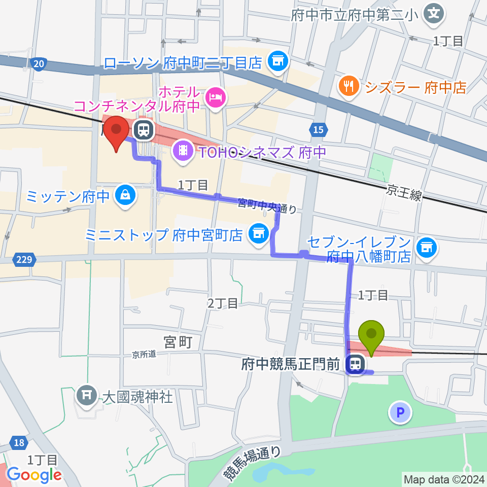 府中競馬正門前駅から宮地楽器 MUSIC JOY府中へのルートマップ地図