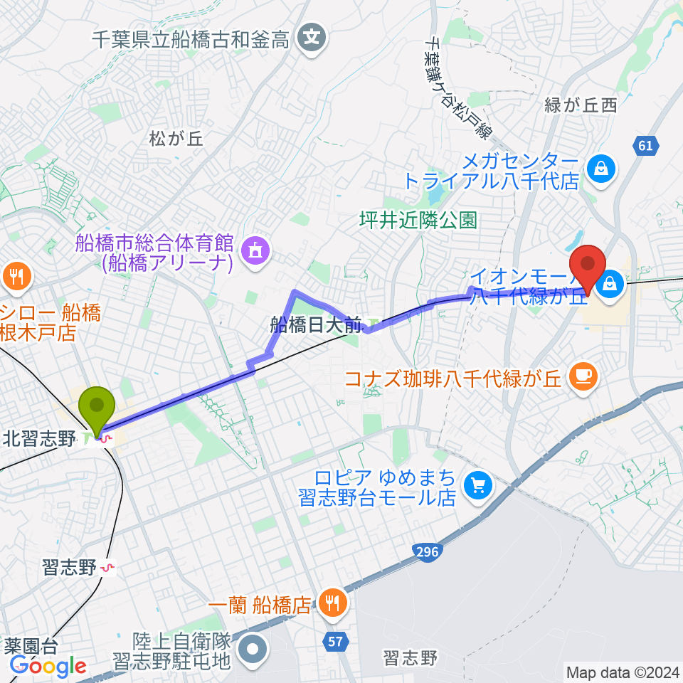 北習志野駅から島村楽器 イオンモール八千代緑が丘店へのルートマップ地図