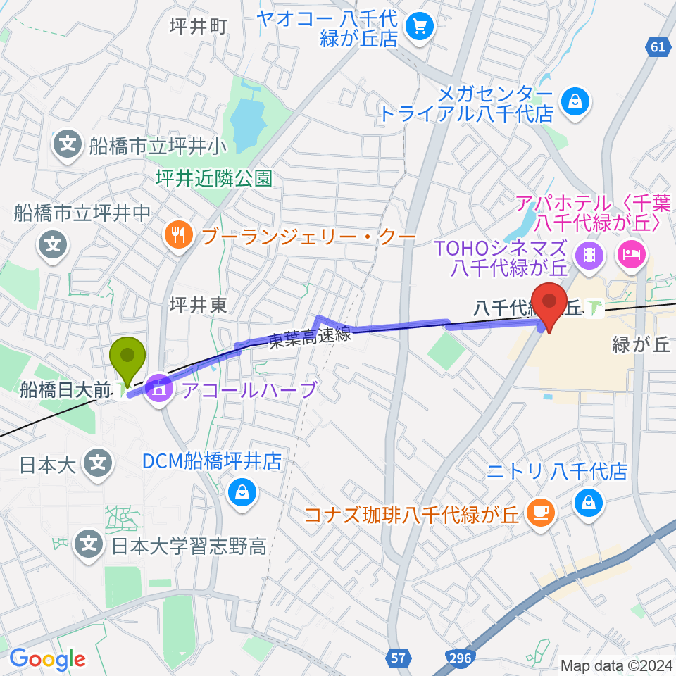 船橋日大前駅から島村楽器 イオンモール八千代緑が丘店へのルートマップ地図