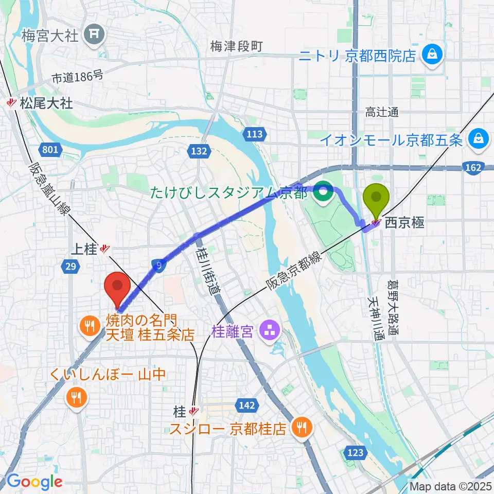 西京極駅からマイミュージック音楽教室へのルートマップ地図