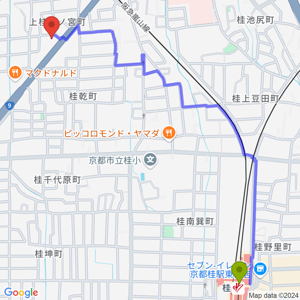 桂駅からマイミュージック音楽教室へのルートマップ地図