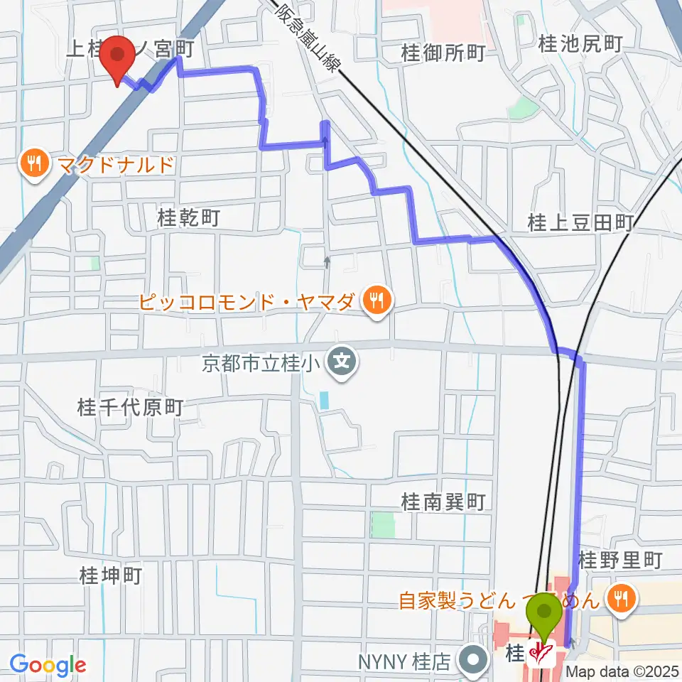 桂駅からマイミュージック音楽教室へのルートマップ地図