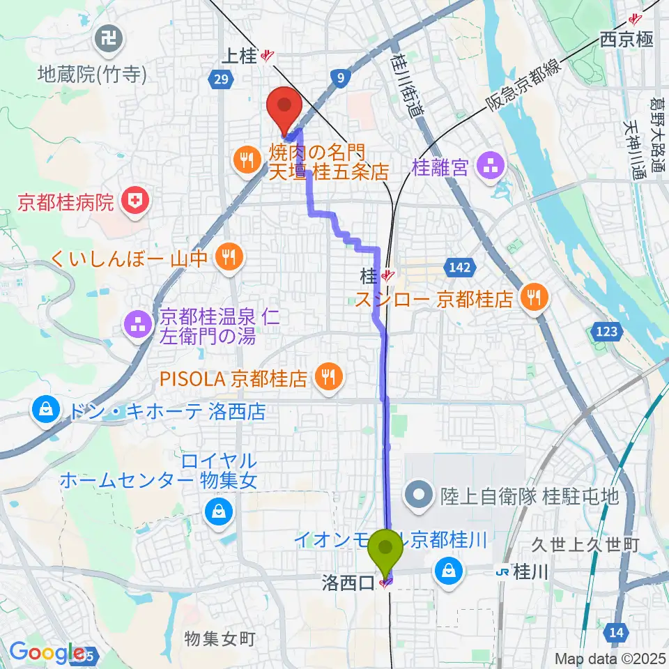 洛西口駅からマイミュージック音楽教室へのルートマップ地図