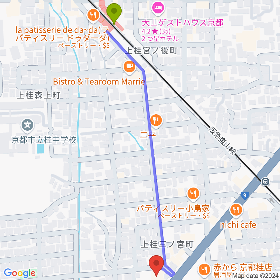 マイミュージック音楽教室の最寄駅上桂駅からの徒歩ルート（約7分）地図