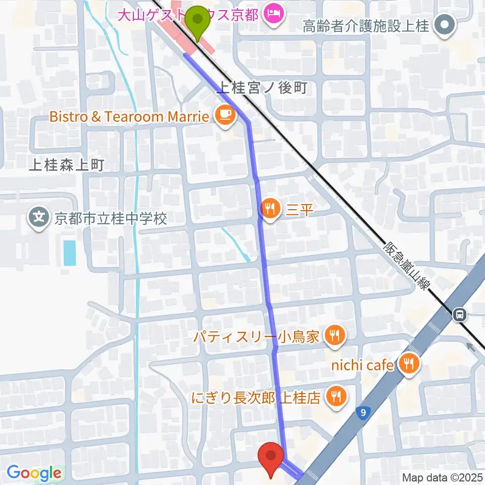 マイミュージック音楽教室の最寄駅上桂駅からの徒歩ルート（約7分）地図