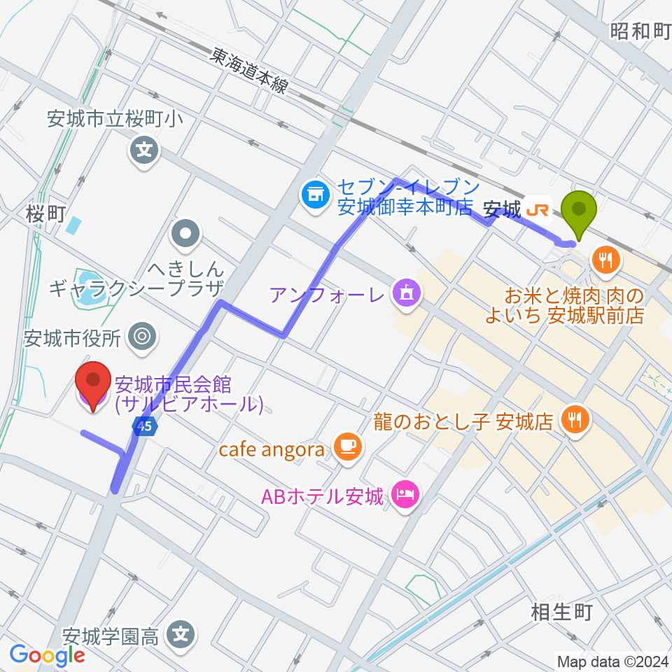 安城市民会館の最寄駅安城駅からの徒歩ルート（約12分）地図