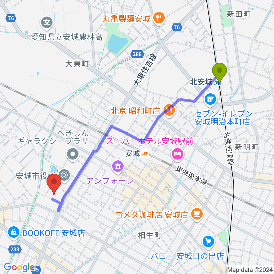 北安城駅から安城市民会館へのルートマップ地図