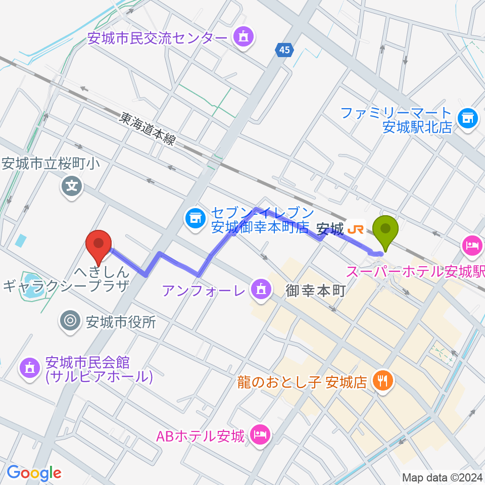 へきしんギャラクシープラザ（安城市文化センター）の最寄駅安城駅からの徒歩ルート（約9分）地図