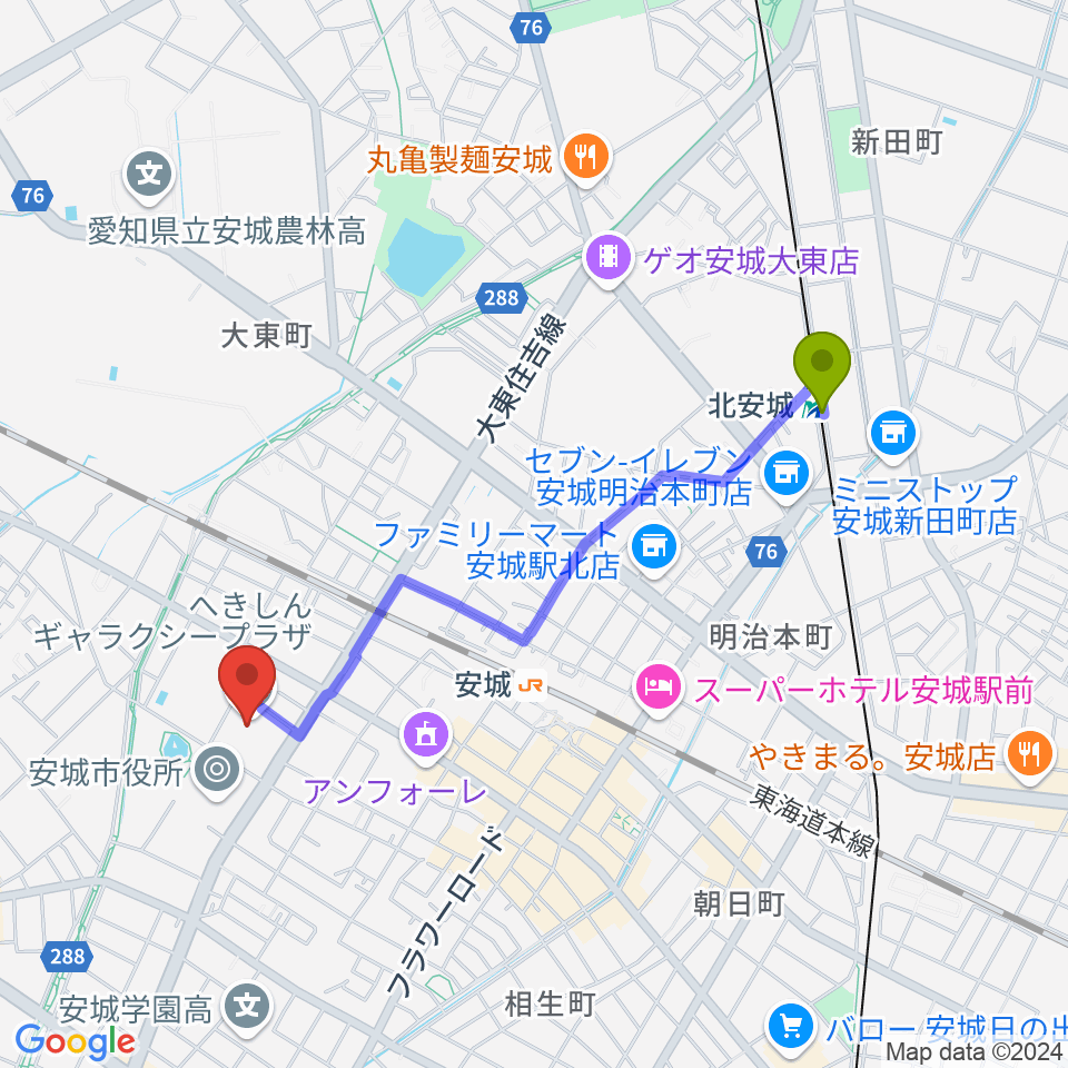 北安城駅からへきしんギャラクシープラザ（安城市文化センター）へのルートマップ地図