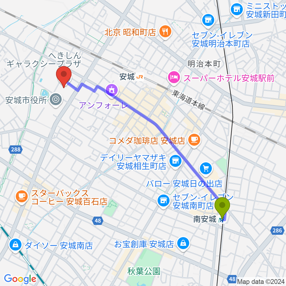 南安城駅からへきしんギャラクシープラザ（安城市文化センター）へのルートマップ地図