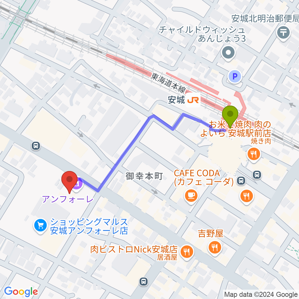 安城市アンフォーレの最寄駅安城駅からの徒歩ルート（約5分）地図