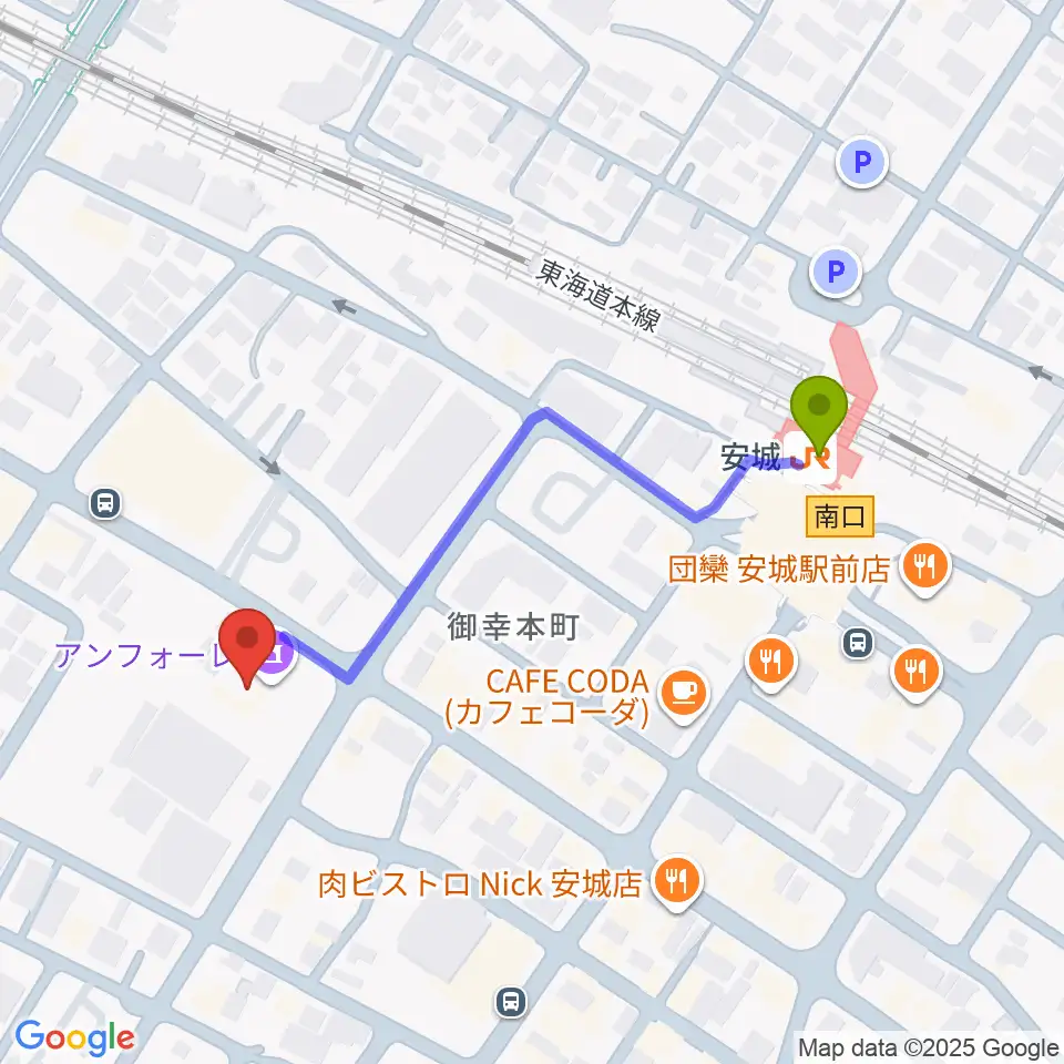 安城市アンフォーレの最寄駅安城駅からの徒歩ルート（約5分）地図