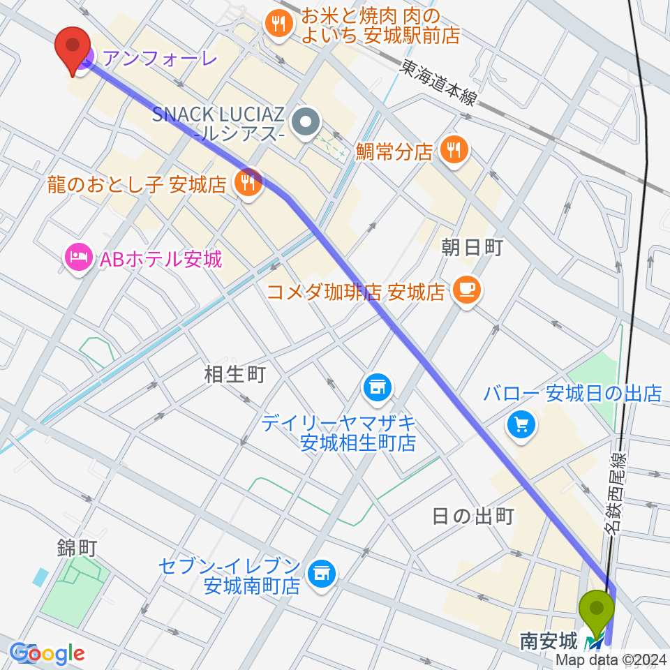 南安城駅から安城市アンフォーレへのルートマップ地図