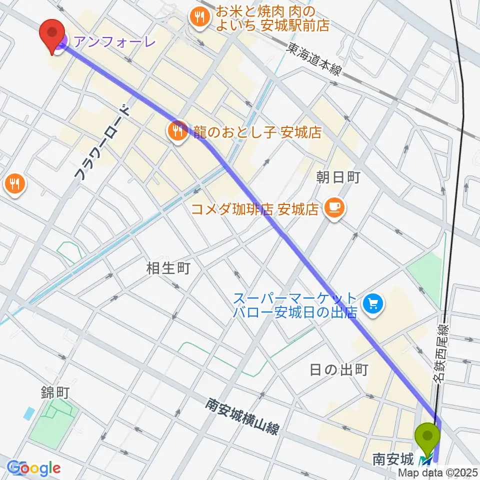 南安城駅から安城市アンフォーレへのルートマップ地図