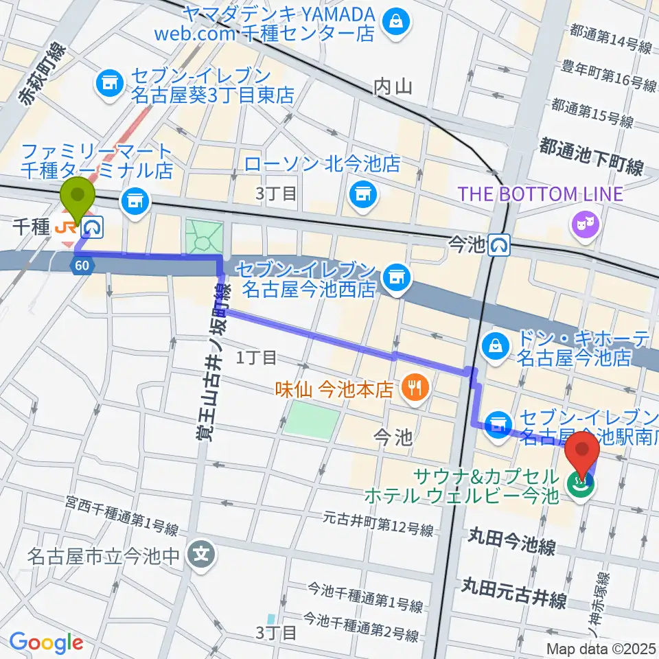 千種駅から今池イマーゴへのルートマップ地図