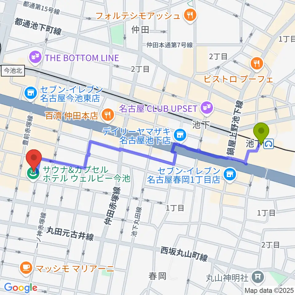 池下駅から今池イマーゴへのルートマップ地図