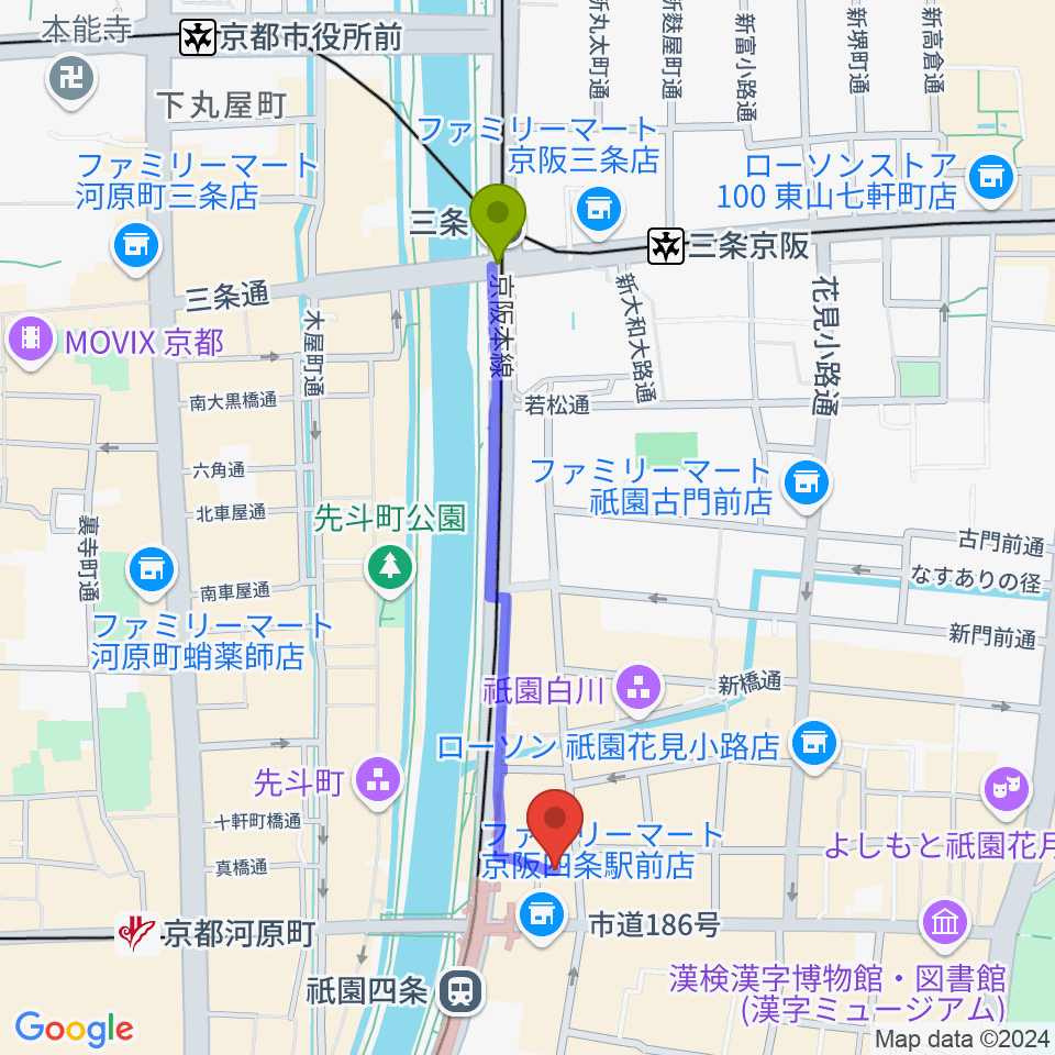 三条駅から祇園四条Bonds Rosaryへのルートマップ地図