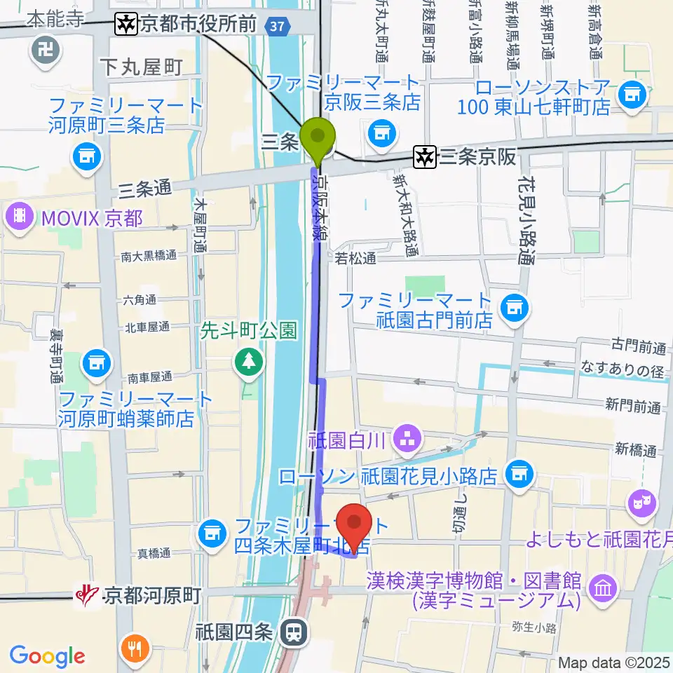 三条駅から祇園四条Bonds Rosaryへのルートマップ地図