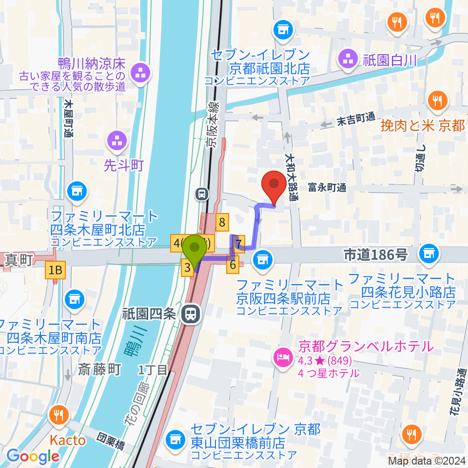 祇園四条Bonds Rosaryの最寄駅祇園四条駅からの徒歩ルート（約2分）地図