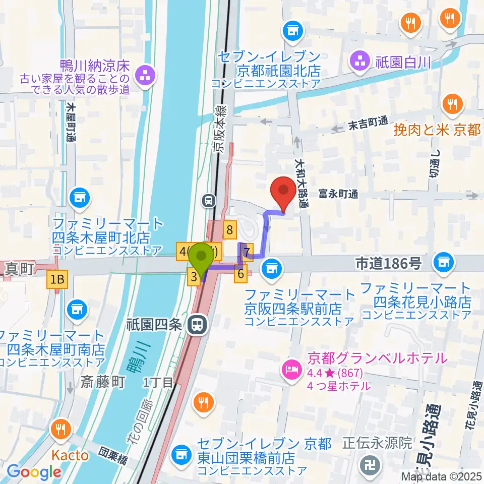 祇園四条Bonds Rosaryの最寄駅祇園四条駅からの徒歩ルート（約2分）地図