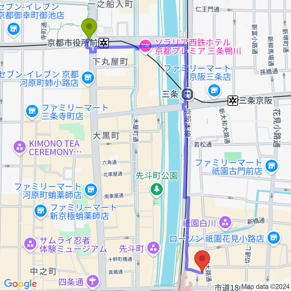 京都市役所前駅から祇園四条Bonds Rosaryへのルートマップ地図