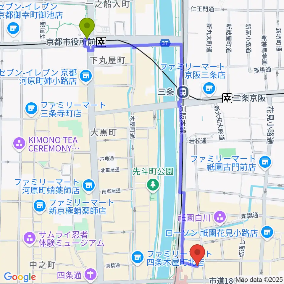 京都市役所前駅から祇園四条Bonds Rosaryへのルートマップ地図