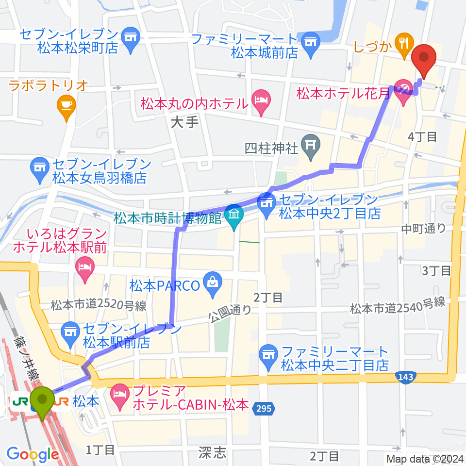 Studio Portraitの最寄駅松本駅からの徒歩ルート（約17分）地図