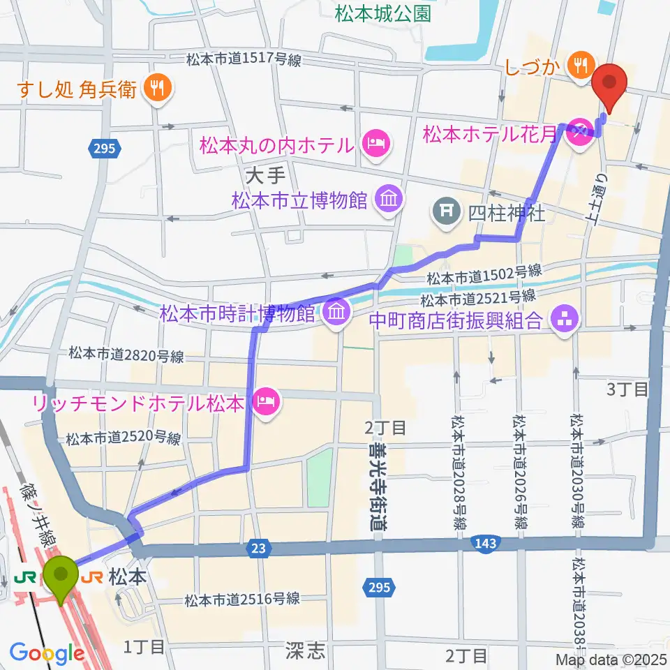 Studio Portraitの最寄駅松本駅からの徒歩ルート（約17分）地図