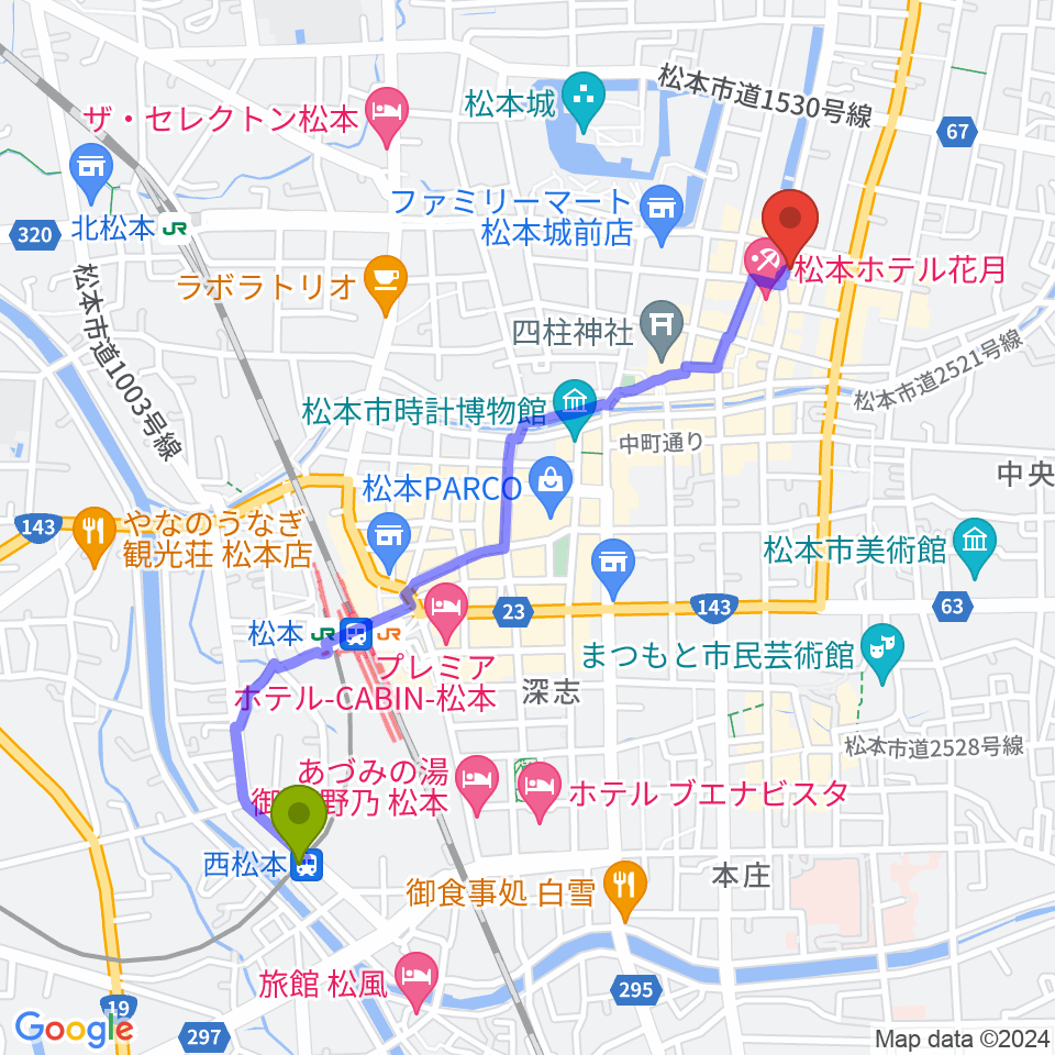 西松本駅からStudio Portraitへのルートマップ地図