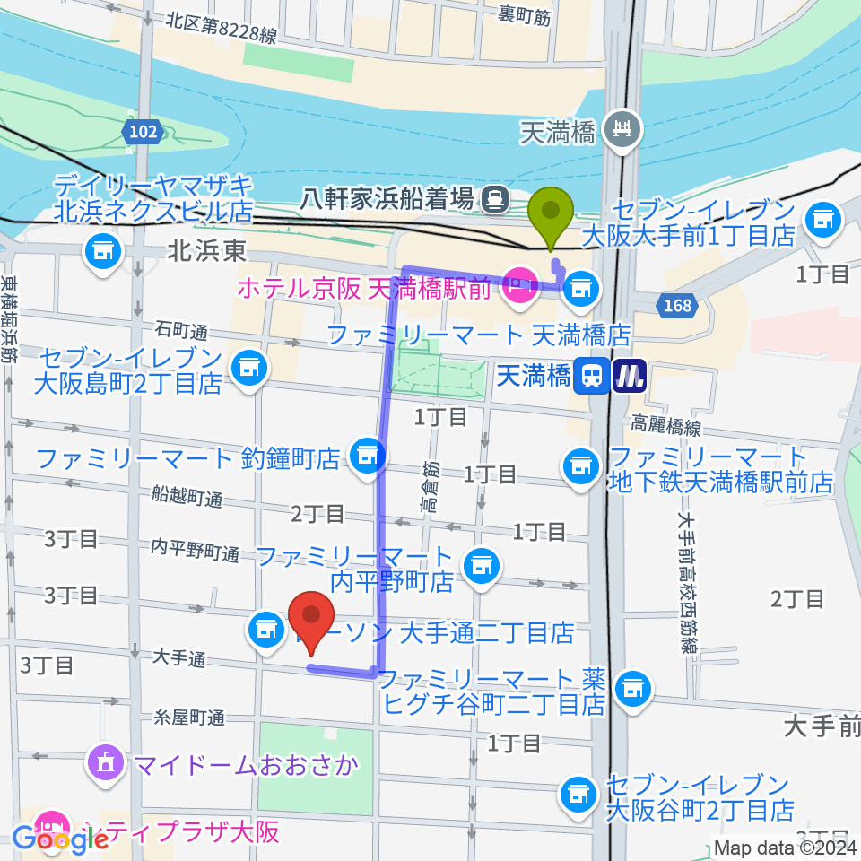 ラ カンパネラの最寄駅天満橋駅からの徒歩ルート（約9分）地図