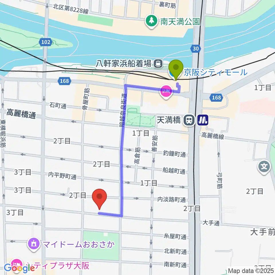 ラ カンパネラの最寄駅天満橋駅からの徒歩ルート（約9分）地図