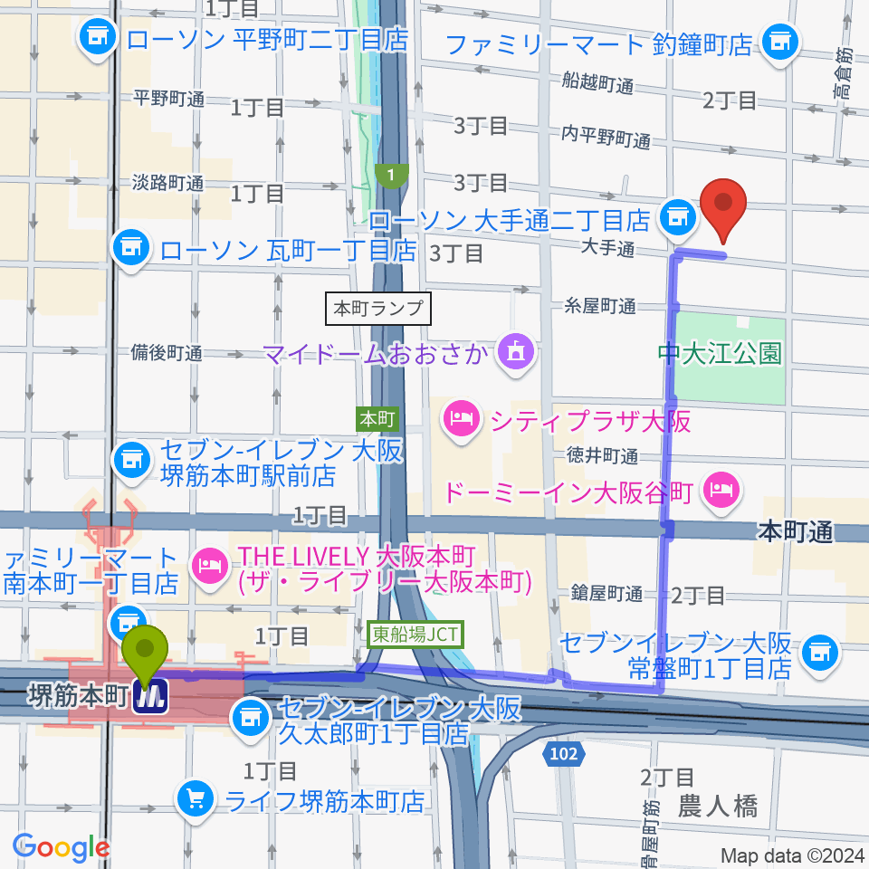 堺筋本町駅からラ カンパネラへのルートマップ地図