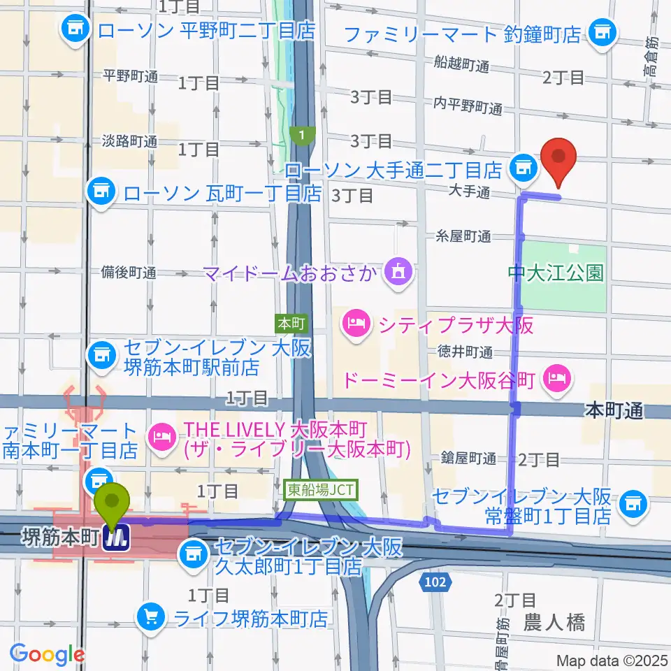 堺筋本町駅からラ カンパネラへのルートマップ地図