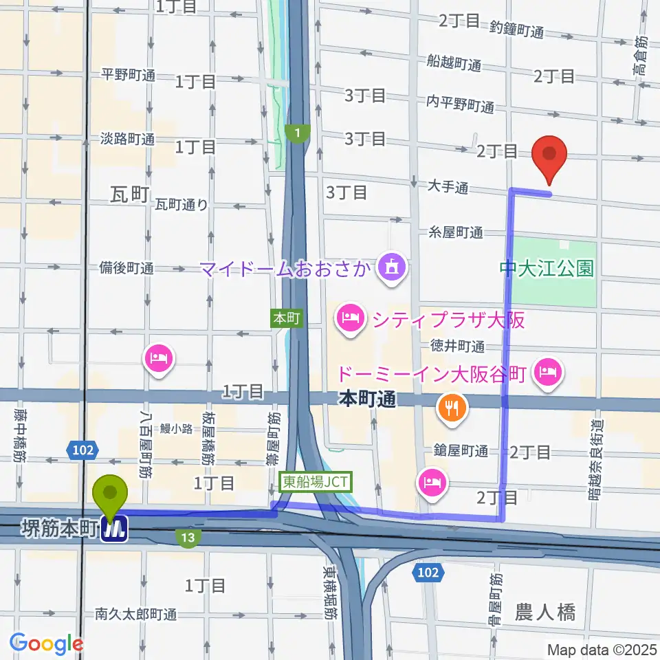 堺筋本町駅からラ カンパネラへのルートマップ地図