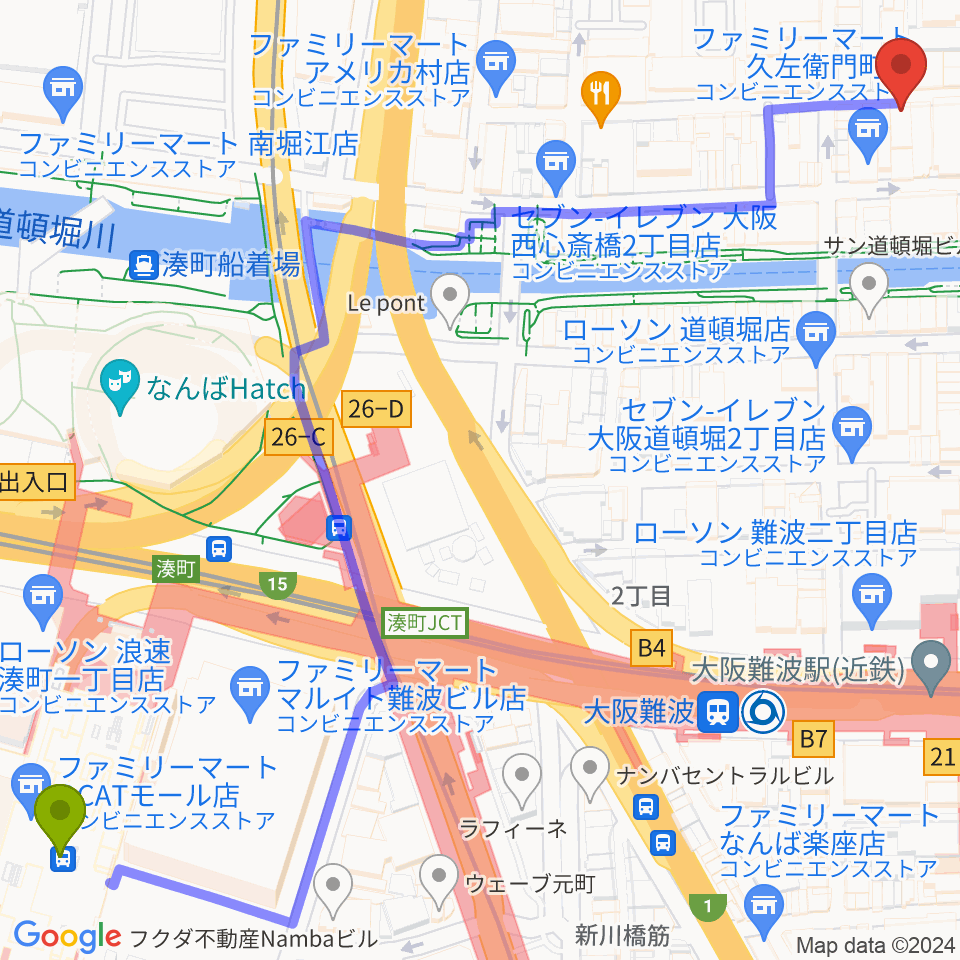 ＪＲ難波駅から心斎橋PANHEAD GROOVEへのルートマップ地図