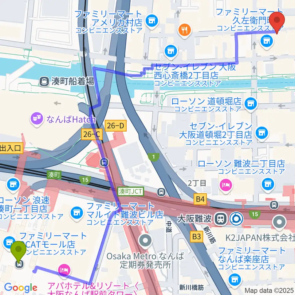 ＪＲ難波駅から心斎橋PANHEAD GROOVEへのルートマップ地図