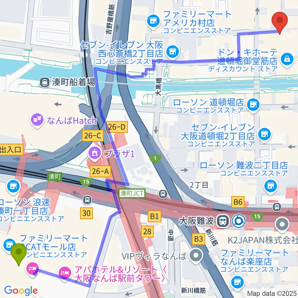 ＪＲ難波駅から心斎橋PANHEAD GROOVEへのルートマップ地図
