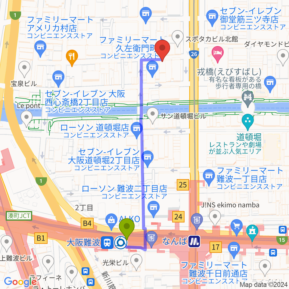 心斎橋PANHEAD GROOVEの最寄駅大阪難波駅からの徒歩ルート（約5分）地図