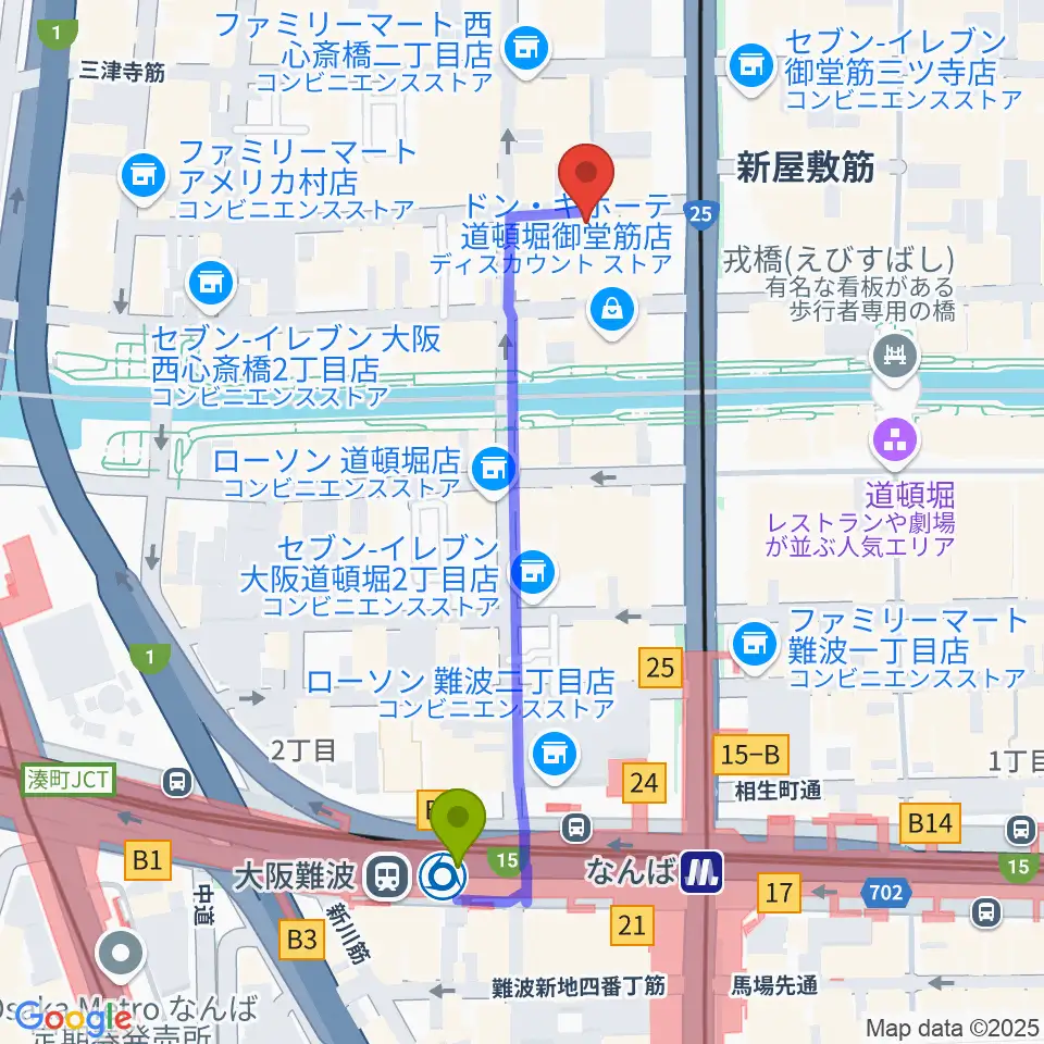 心斎橋PANHEAD GROOVEの最寄駅大阪難波駅からの徒歩ルート（約5分）地図