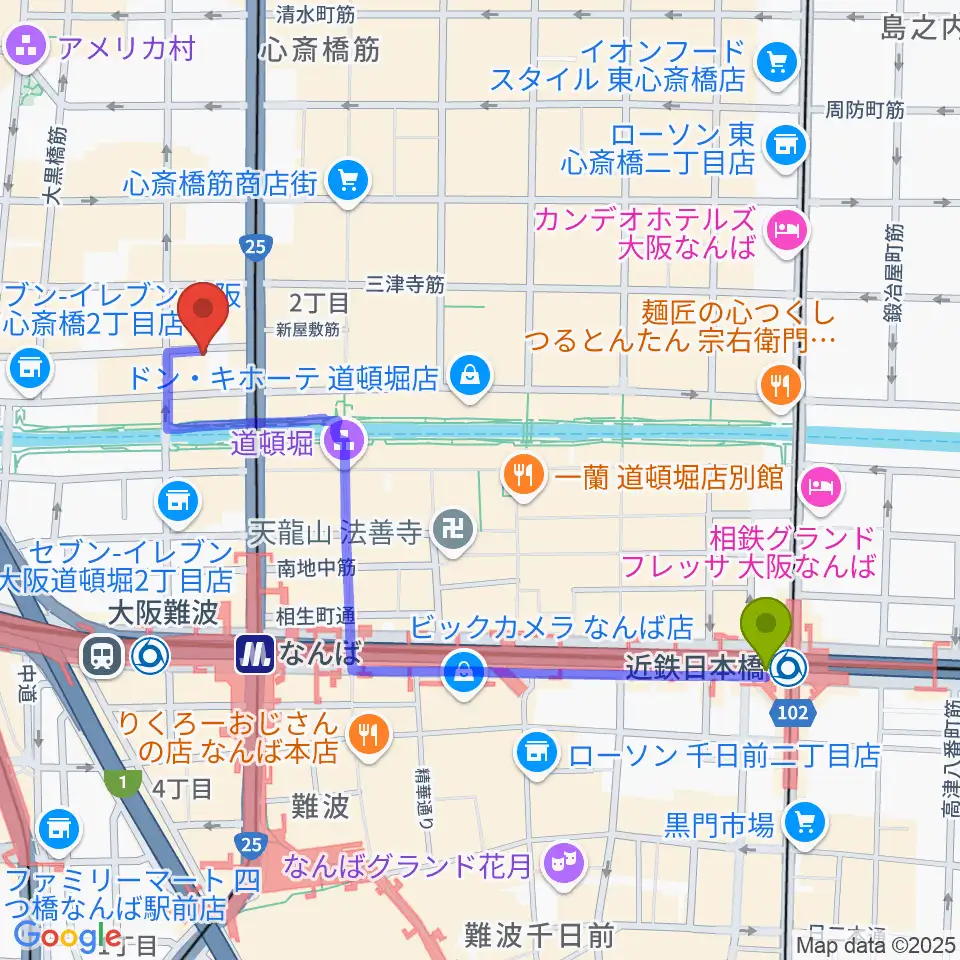近鉄日本橋駅から心斎橋PANHEAD GROOVEへのルートマップ地図